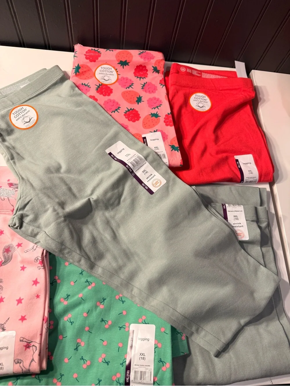 Girls' Tough Cotton Leggings Bundle - Pink, Green, Red, sage, unicorn and strawb